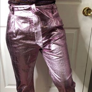 Pink Tie Waist Cracked Vinyl Crop Trousers